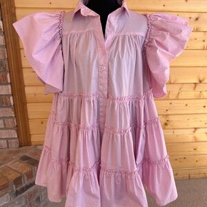 Klesis Pink Tiered Dress with fun butterfly ruffle sleeves. (M)